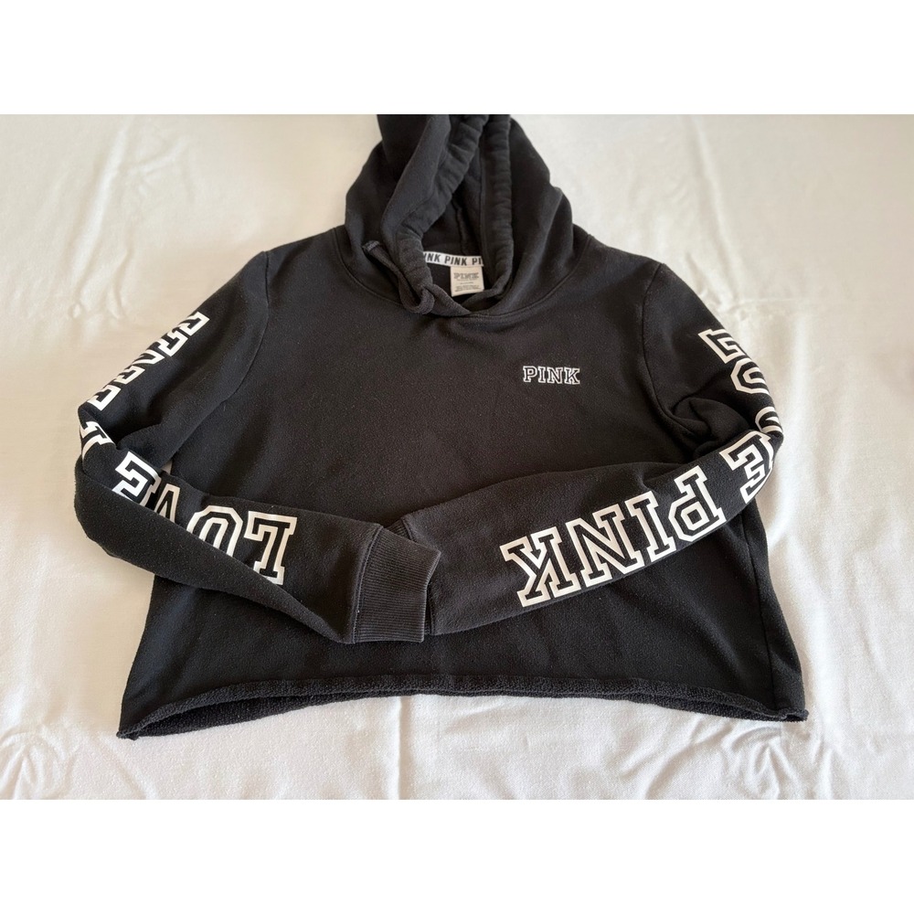PINK Victoria's Secret Cropped Hoodie Medium Black Love Pink Graphic Sleeve